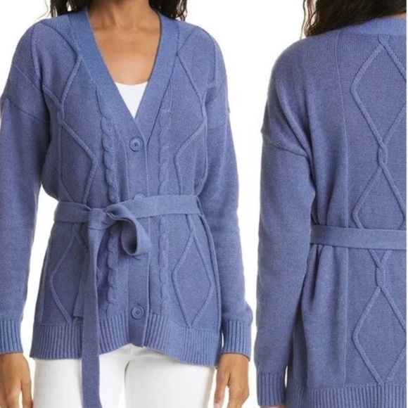 L’AGENCE MICA BELTED CABLE KNIT DUSTY BLUE COTTON CARDIGAN SWEATER SIZE XXL/TTG - Picture 1 of 11